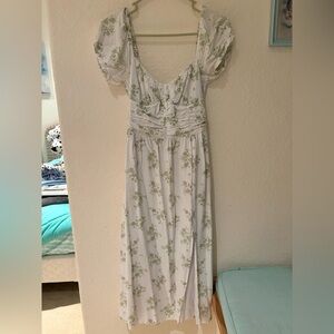 Hollister White Maxi Dress with Green Floral Design